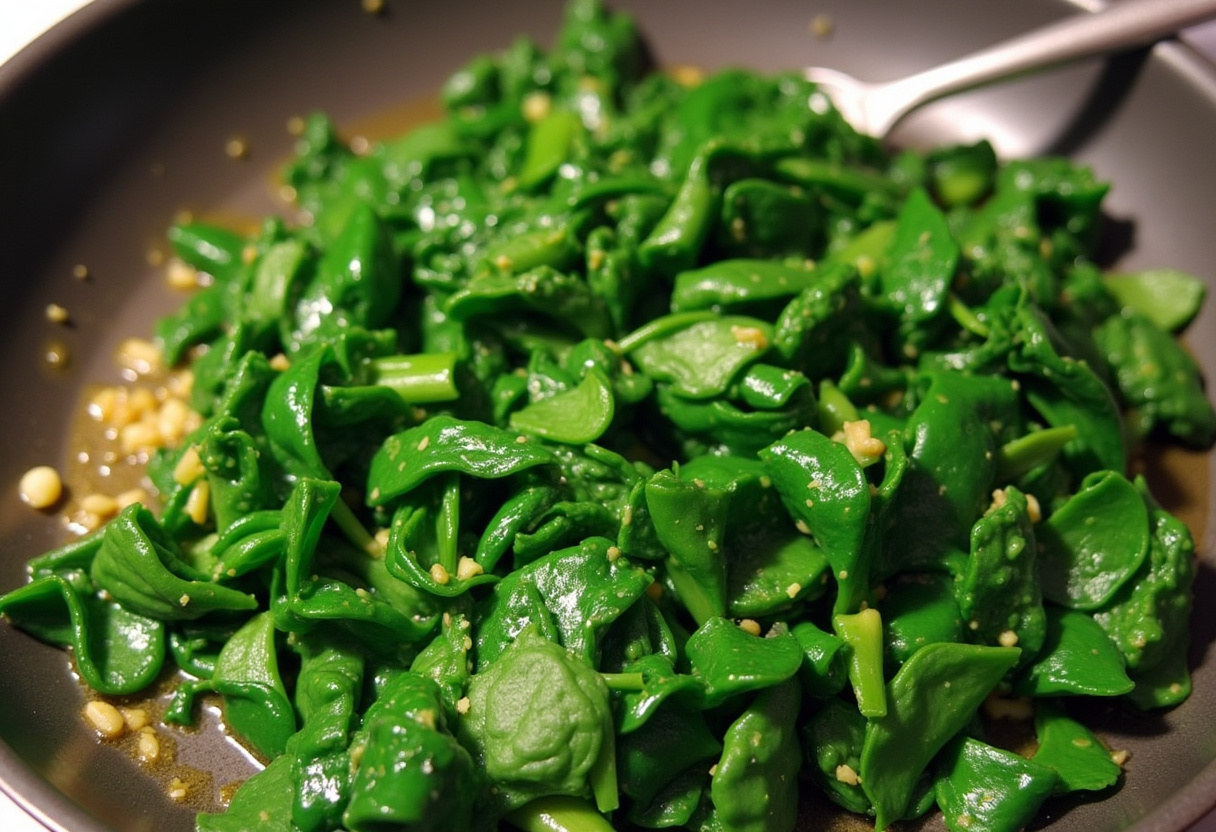 Sautรฉing garlic and fresh spinach in a skillet for delicious spinach tomato pasta, highlighting the vibrant colors and textures.