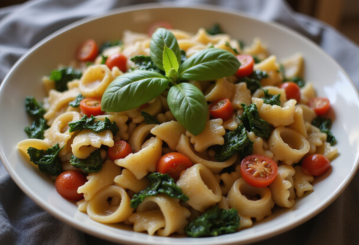 Plated delicious spinach tomato pasta with fresh basil, showcasing the colorful and appetizing final dish.
