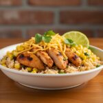 A stunning final presentation of a delicious street corn chicken rice bowl, highlighting vibrant colors and fresh ingredients, perfect for serving.