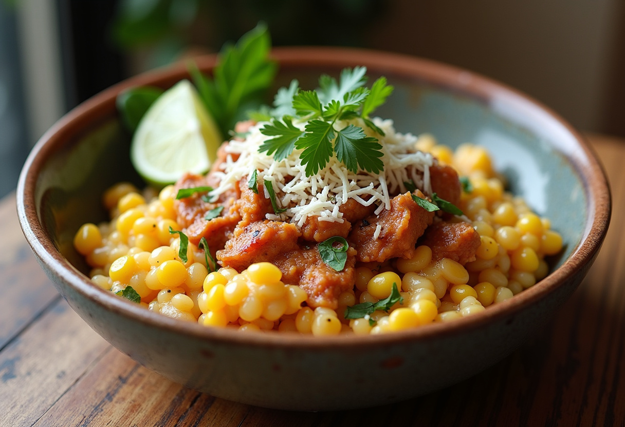 A stunning final presentation of a delicious street corn chicken rice bowl, highlighting vibrant colors and fresh ingredients, perfect for serving.