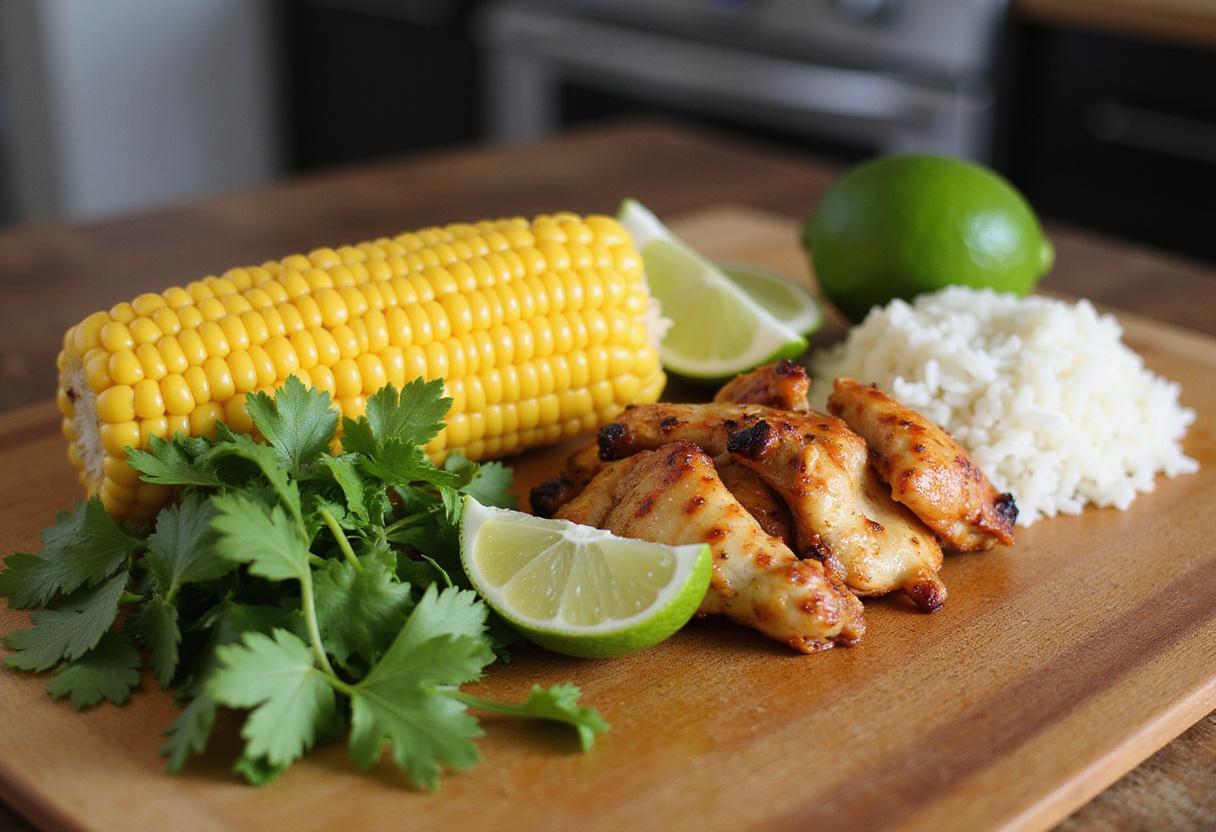 Fresh ingredients for delicious street corn chicken rice bowl including corn, grilled chicken, cilantro, and lime on a cutting board.