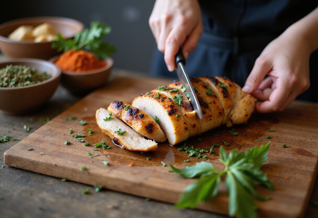 Sliced grilled chicken ready to be added to the delicious street corn chicken rice bowl mix in a warm kitchen ambiance.