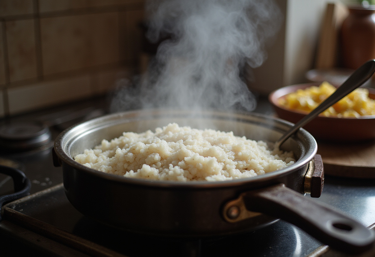 Cooking rice for the perfect base of the delicious street corn chicken rice bowl in a homey kitchen with warm steam and inviting aromas.