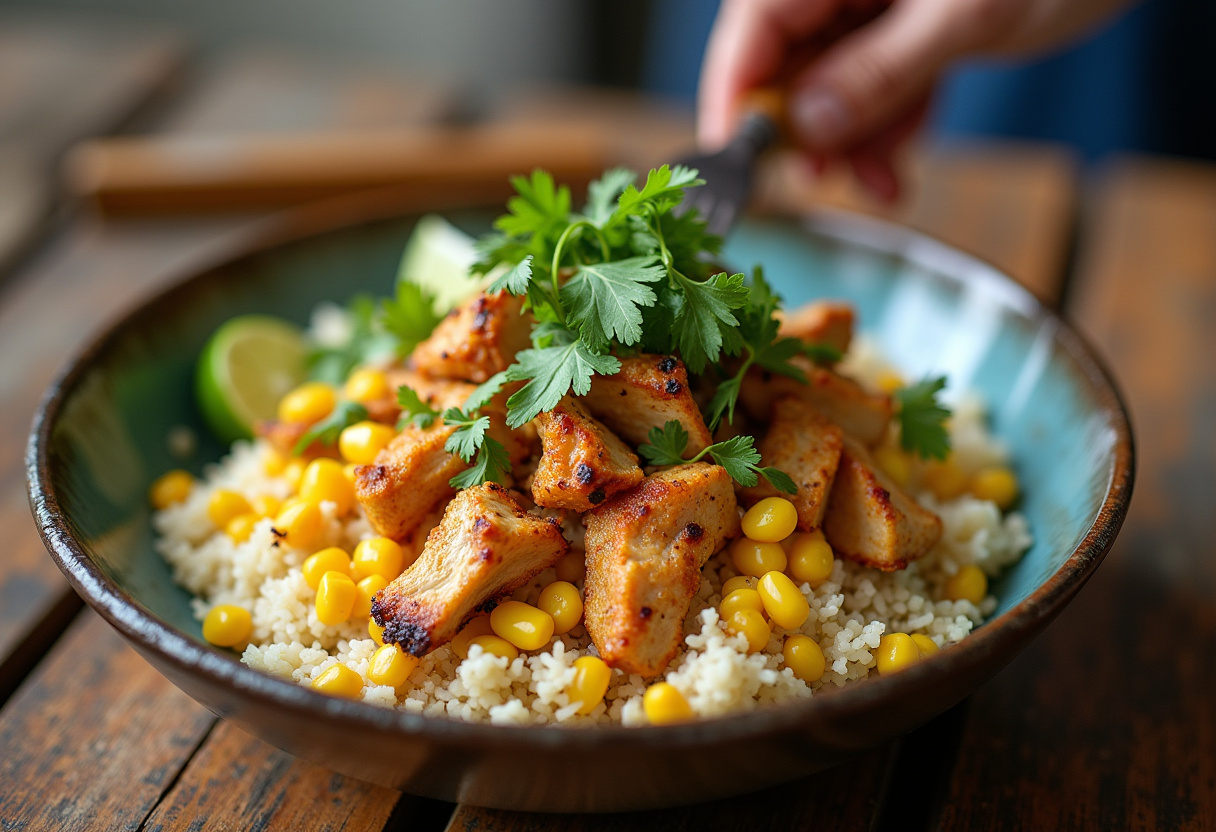 Filling a bowl with the colorful ingredients of a delicious street corn chicken rice bowl, showcasing fresh flavors and garnishes.