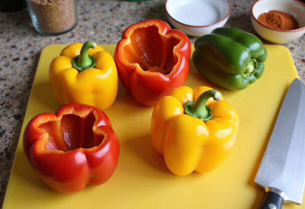 Colorful bell peppers on a kitchen counter, preparing for easy stuffed bell peppers with fresh ingredients and spices.