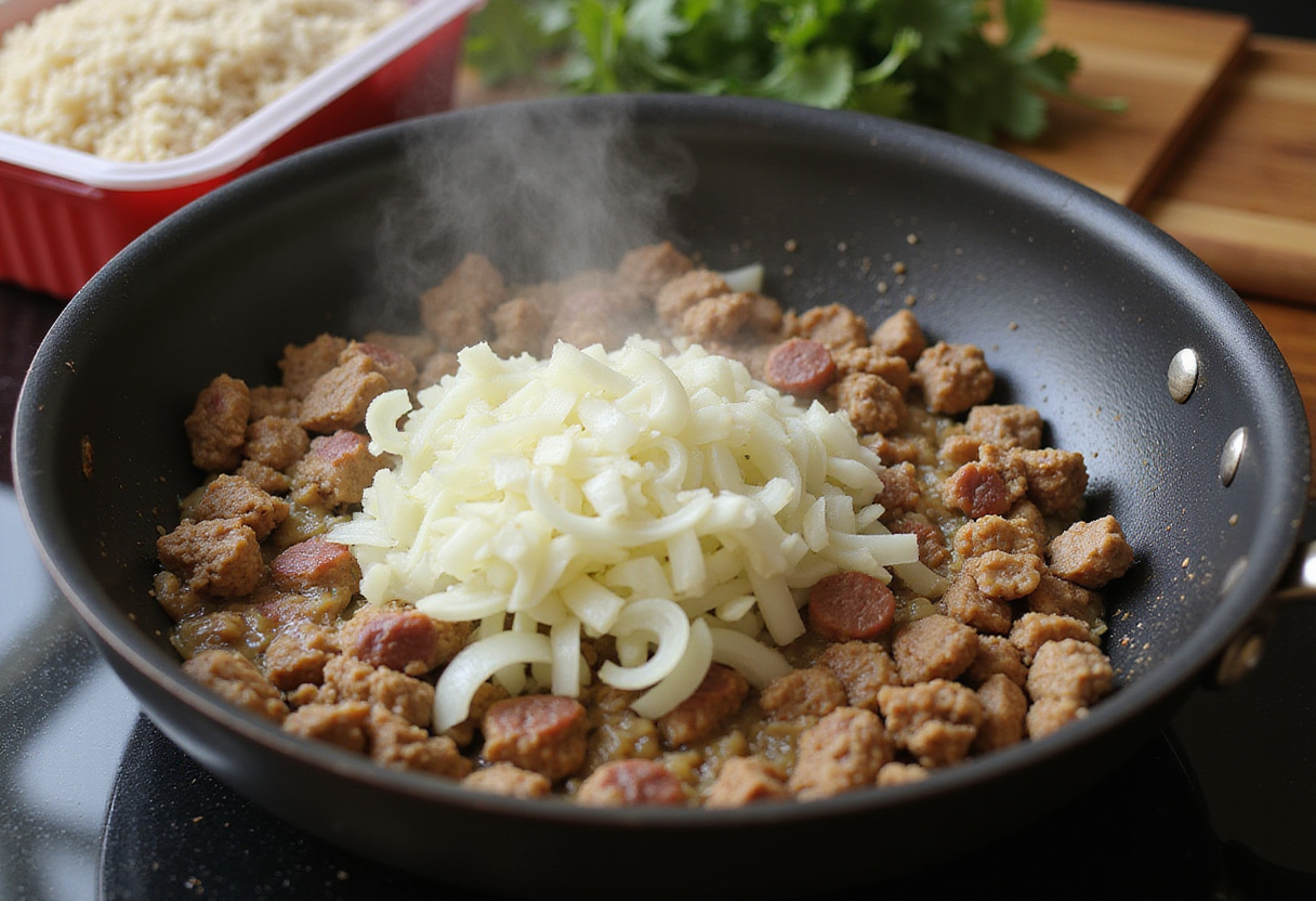 Cooking ground meat and onions in a skillet for easy stuffed bell peppers, with cooked rice and herbs ready to mix.