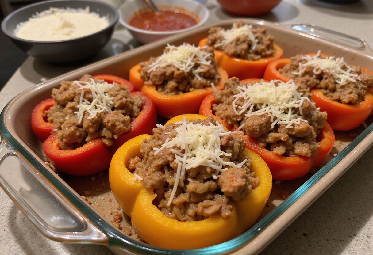 Bell peppers being filled with a savory meat and rice mixture topped with cheese, preparing for easy stuffed bell peppers to bake.