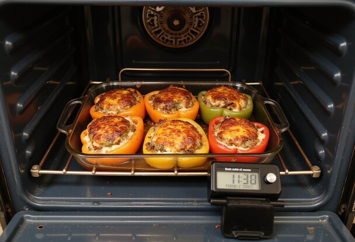 Stuffed bell peppers baking in the oven, creating a fragrant and cheesy dish as part of the easy stuffed bell peppers recipe.