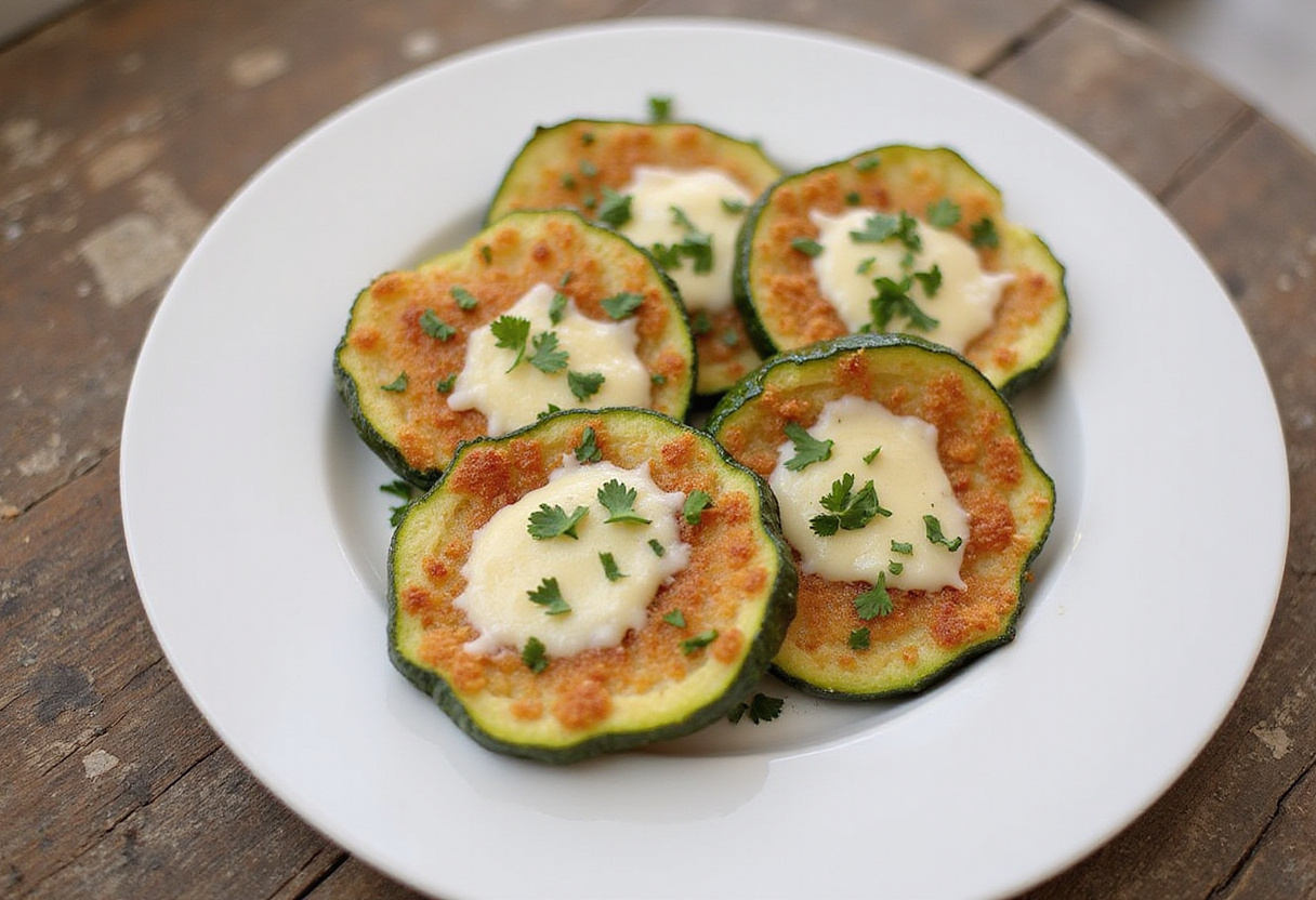 Final presentation of Easy Air Fryer Zucchini Parmesan, featuring crispy and cheesy zucchini rounds on an elegant plate.