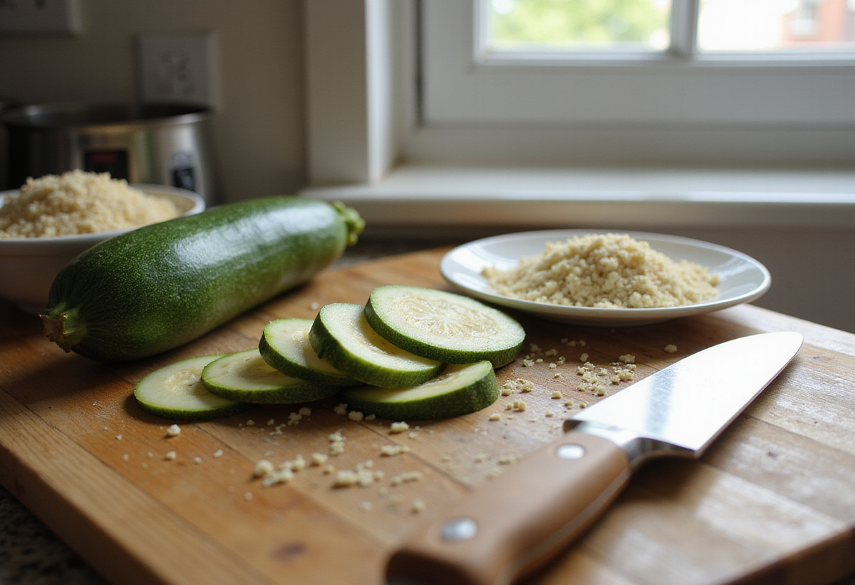 Easy Air Fryer Zucchini Parmesan preparation with fresh zucchini slices, breadcrumbs, and Parmesan cheese on a wooden cutting board.