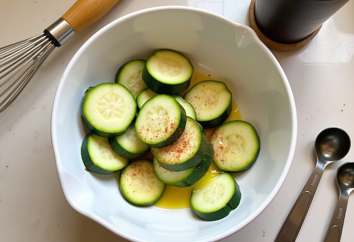 Coating zucchini slices for Easy Air Fryer Zucchini Parmesan with olive oil and spices in a mixing bowl.