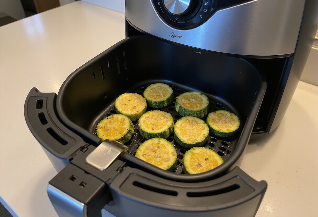 Placing seasoned zucchini rounds in the air fryer basket for Easy Air Fryer Zucchini Parmesan cooking.