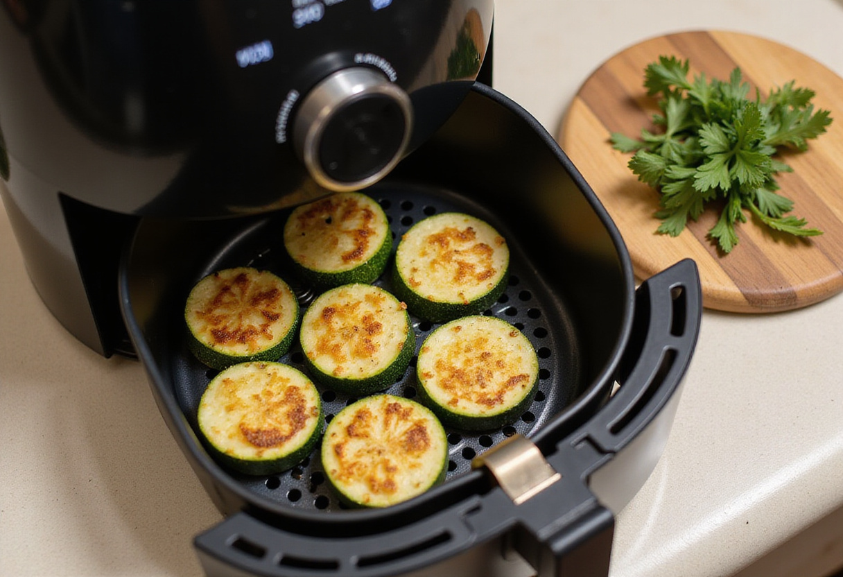 Golden-brown zucchini rounds in an air fryer for a delicious Easy Air Fryer Zucchini Parmesan dish.