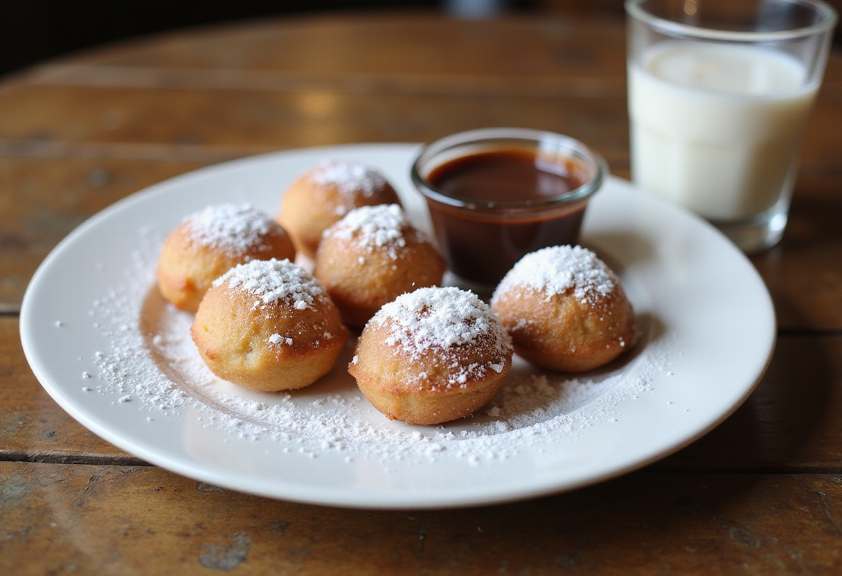 Final result of Easy Angel Cake Churro Bites served with cinnamon sugar and chocolate sauce, ready to enjoy in a rustic kitchen atmosphere.