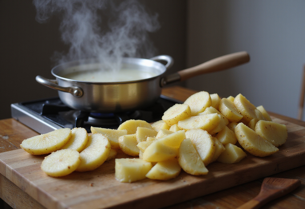 Boiling potatoes for Easy Duchess Potatoes, preparing key ingredients with steam rising from the pot.