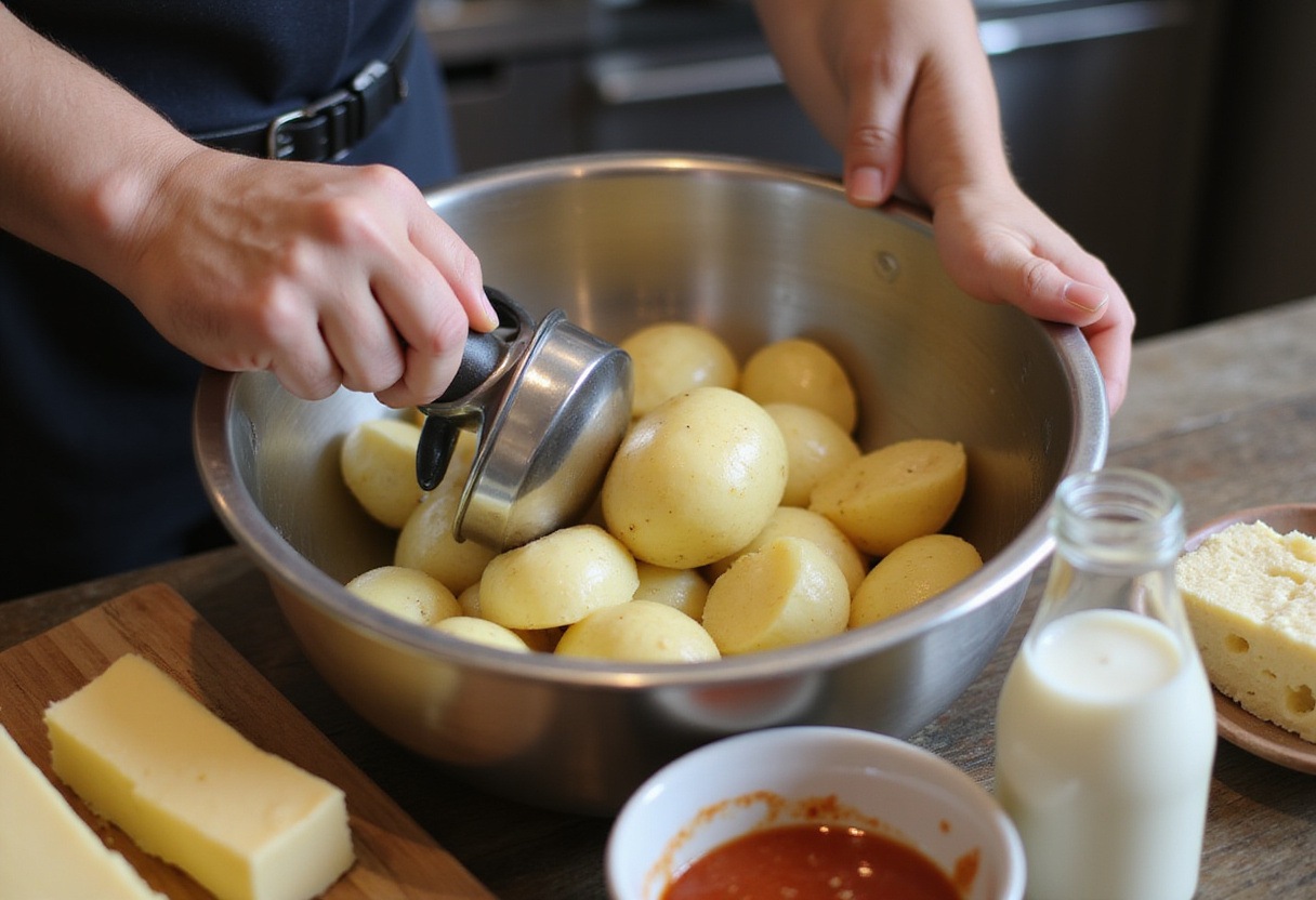 Mashing potatoes for Easy Duchess Potatoes, ensuring a smooth texture with buttery richness ready for the next step.