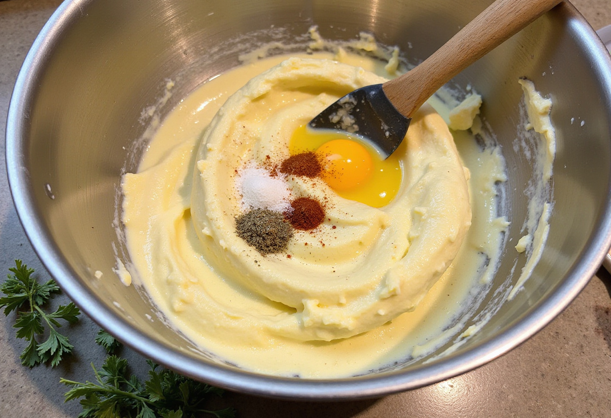 Incorporating egg yolks into creamy whipped potatoes for Easy Duchess Potatoes, enhancing flavor and richness.