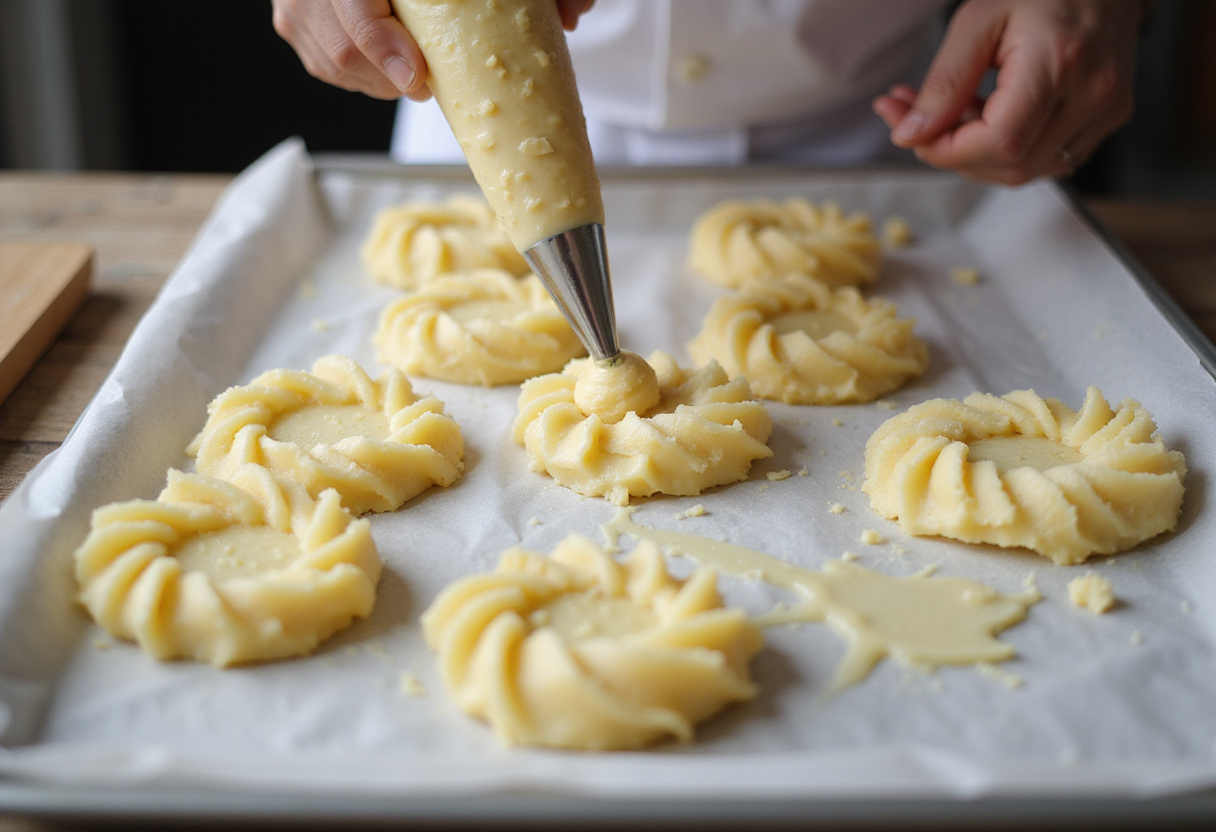Piping the seasoned potato mixture onto a baking tray for Easy Duchess Potatoes, forming elegant rosettes ready for baking.