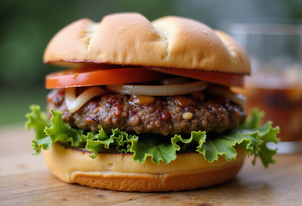 Delicious Easy Ground Beef Burger displayed in close-up, highlighting the juicy patty and fresh toppings in a backyard barbecue setting.
