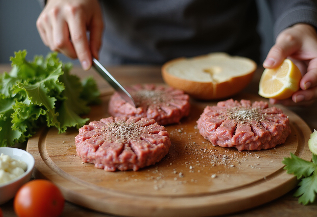 Easy Ground Beef Burger preparation with seasoned patties and fresh ingredients on a wooden cutting board.