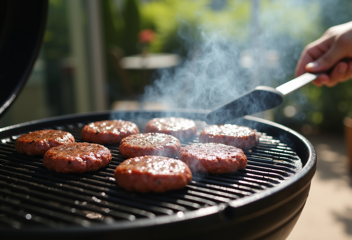 Grilling Easy Ground Beef Burgers with patties sizzling on the grill, capturing a sunny outdoor cooking atmosphere.