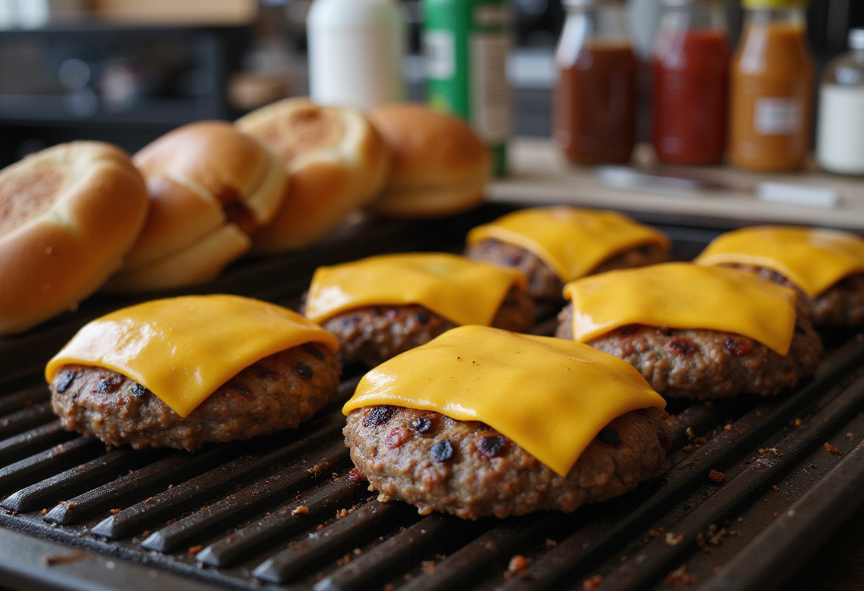 Cheesing melting atop grilled patties for Easy Ground Beef Burgers, highlighting the delicious toppings and toasted buns.