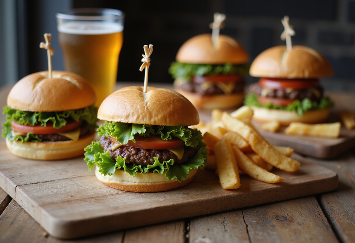Assembled Easy Ground Beef Burgers on a rustic table, featuring layers of fresh ingredients and crispy fries.