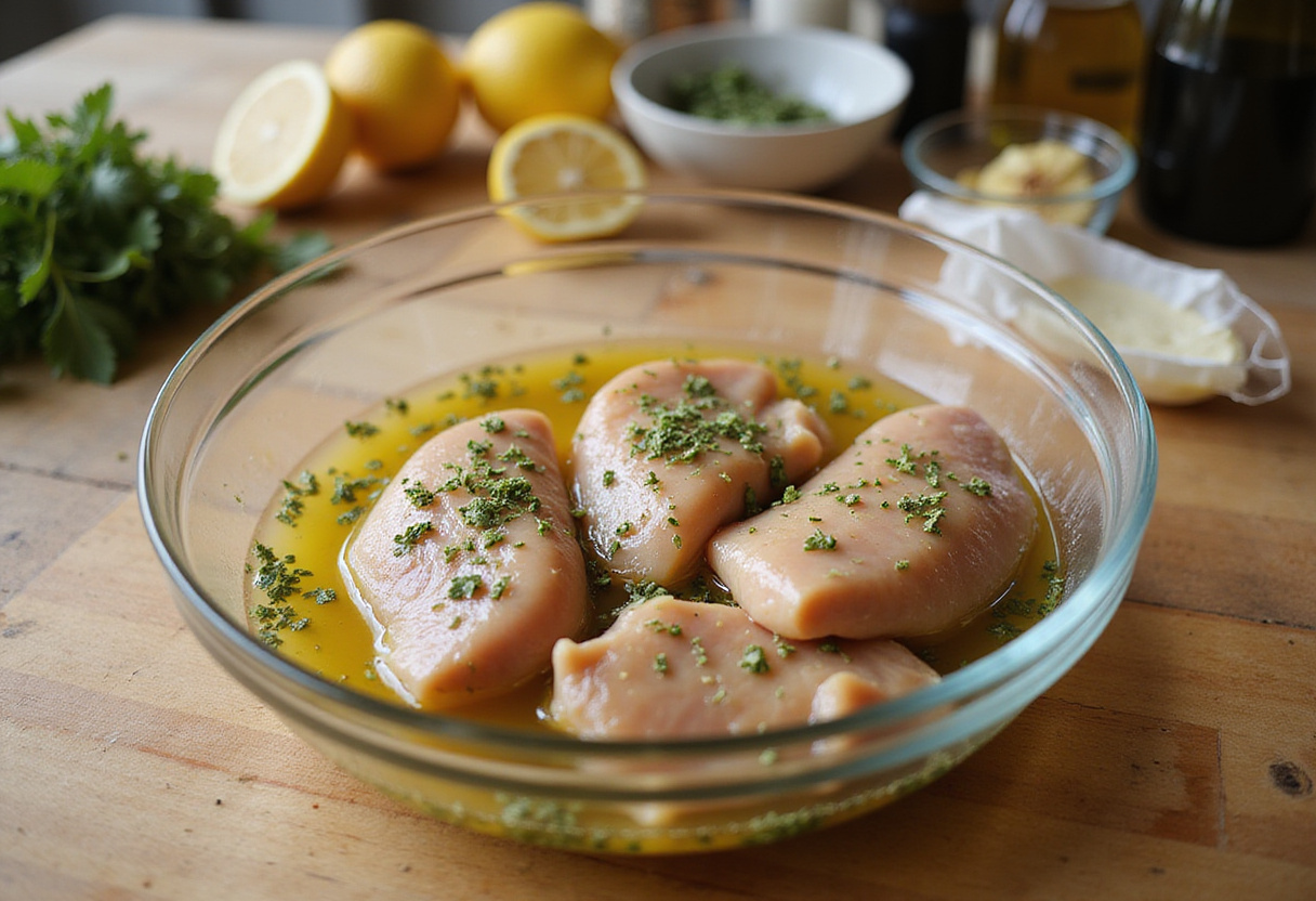 Marinating chicken for Easy Healthy Greek Chicken Bowls with olive oil, lemon, and spices.
