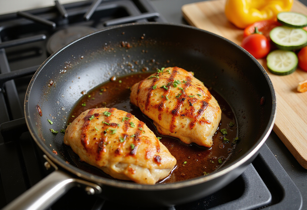 Cooking marinated chicken for a healthy Greek chicken bowl, surrounded by fresh colorful vegetables.