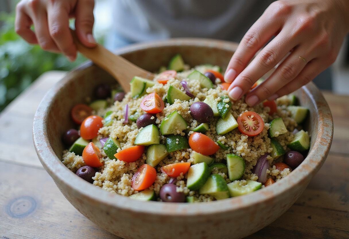Mixing quinoa and fresh veggies for Easy Healthy Greek Chicken Bowls, highlighting healthy ingredients.