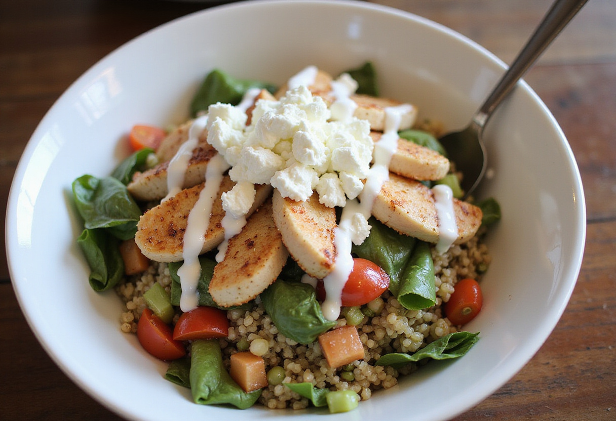 Assembling Easy Healthy Greek Chicken Bowls with chicken, vegetables, and tzatziki, ready to serve.