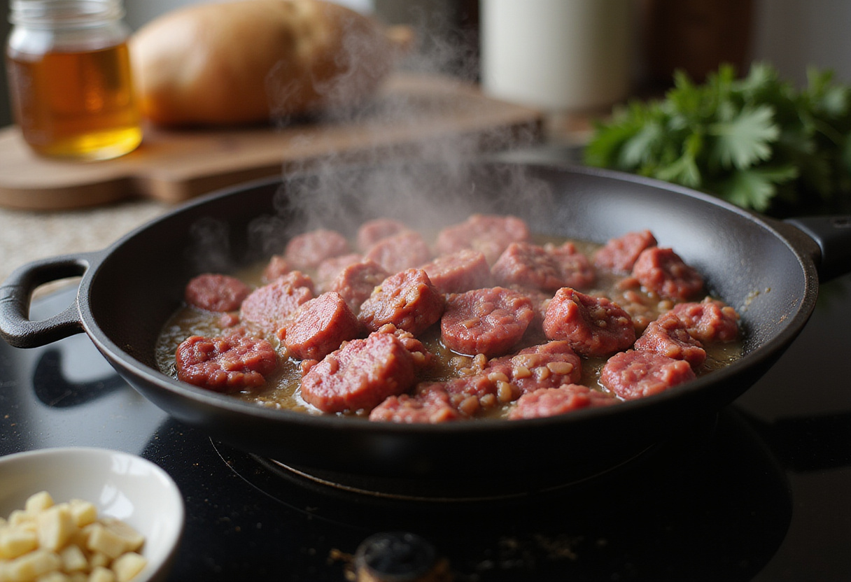 Ground beef sizzling in a skillet for easy honey garlic recipe, perfect for a delicious beef and broccoli dish.
