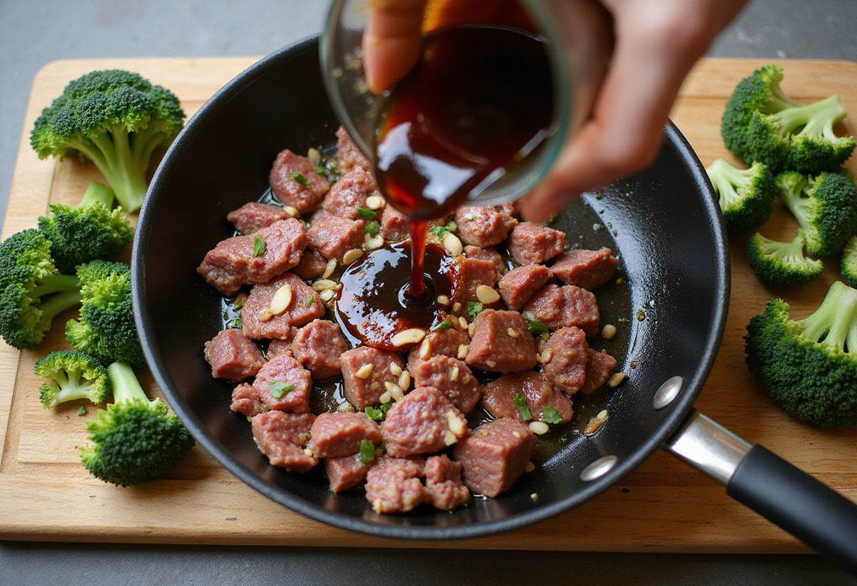 Adding garlic and soy sauce to browned ground beef for a flavorful honey garlic ground beef and broccoli recipe.