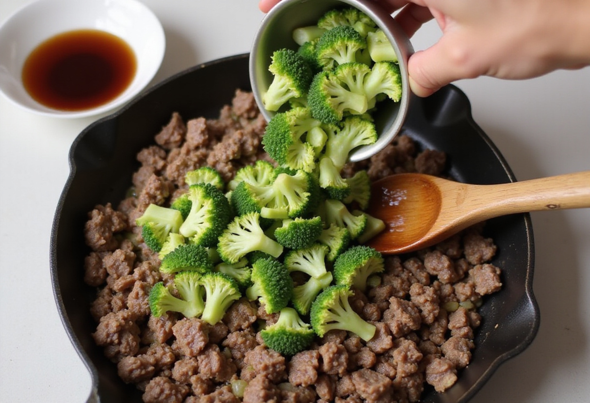 Stirring broccoli into ground beef for an easy honey garlic dish, creating a tasty and healthy meal.