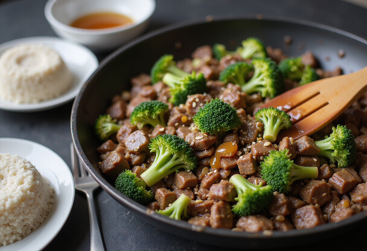 Golden brown ground beef and green broccoli in a skillet garnished with honey and sesame seeds, perfect for an easy dinner recipe.