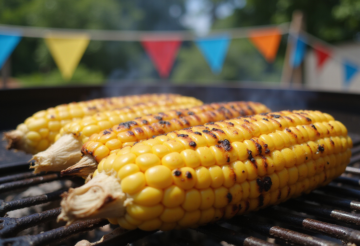 Grilling corn for Easy Mexican Street Corn Chicken Bowl, capturing the essence of summer street food flavors.