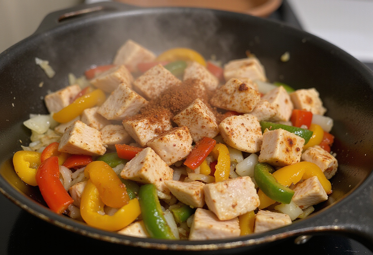 Sautรฉing chicken and vegetables for Easy Mexican Street Corn Chicken Bowl, creating a colorful and flavorful base for the dish.