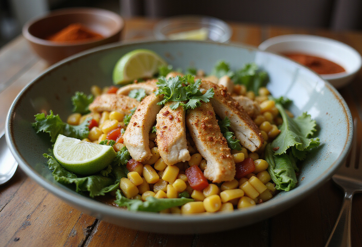 Assembling Easy Mexican Street Corn Chicken Bowl, featuring a colorful and appetizing presentation perfect for any meal.