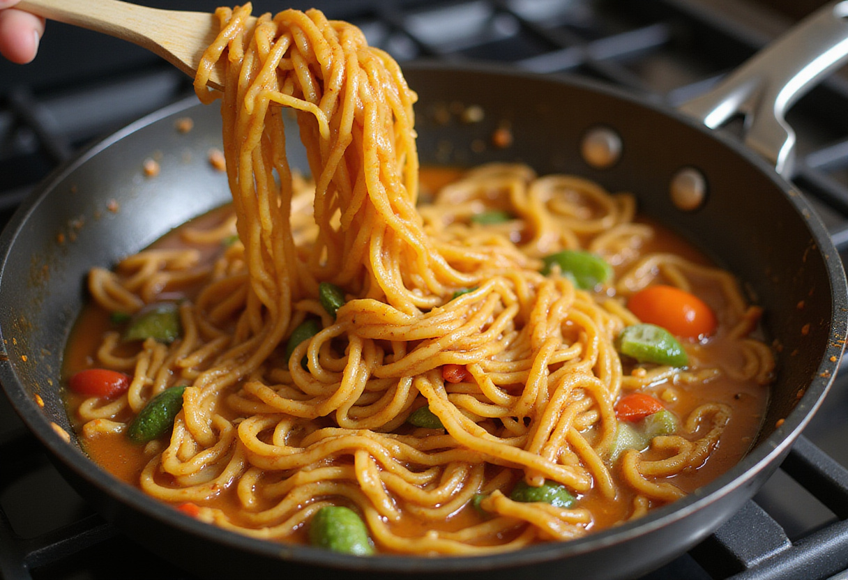 Combining ramen noodles with sautรฉed vegetables for Easy Saucy Ramen Noodles - a simple vegan cooking process.