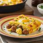 Delicious serving of easy sausage and egg casserole garnished with herbs, presented in an inviting home kitchen setting.