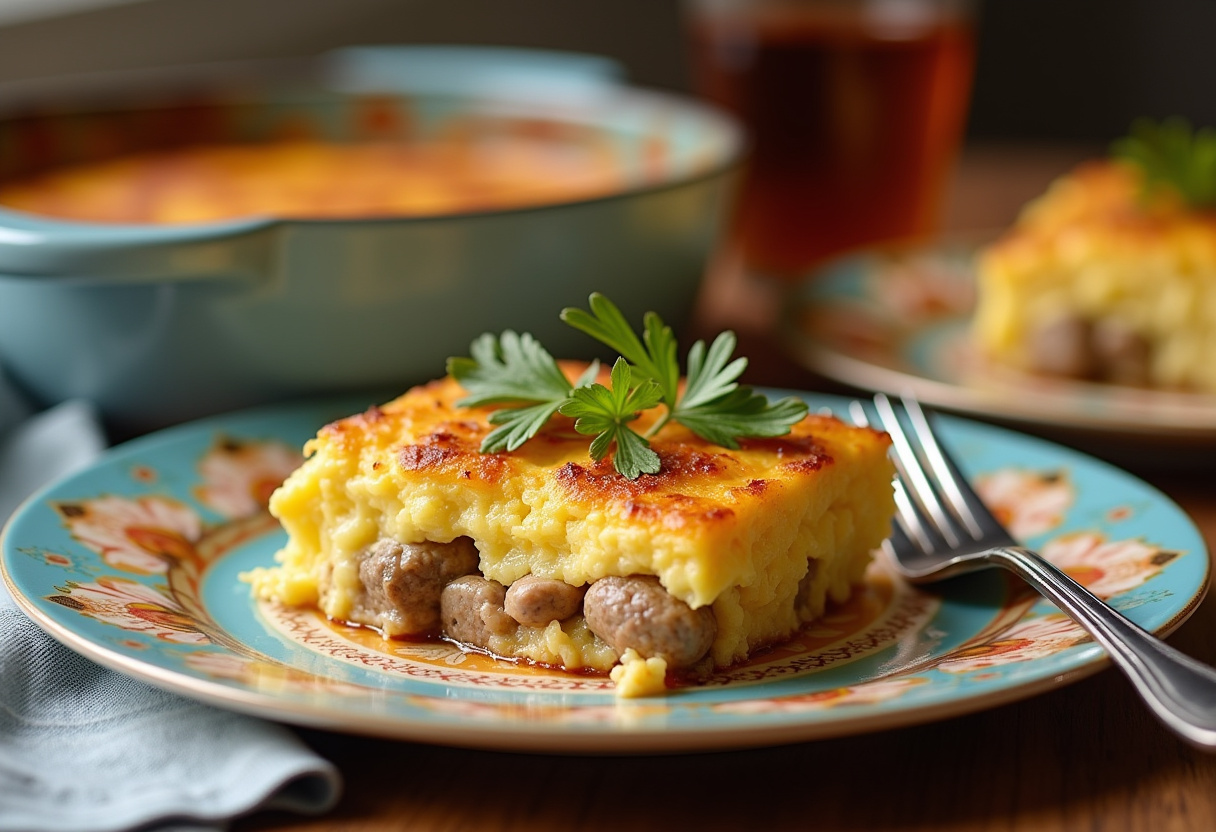 Delicious serving of easy sausage and egg casserole garnished with herbs, presented in an inviting home kitchen setting.