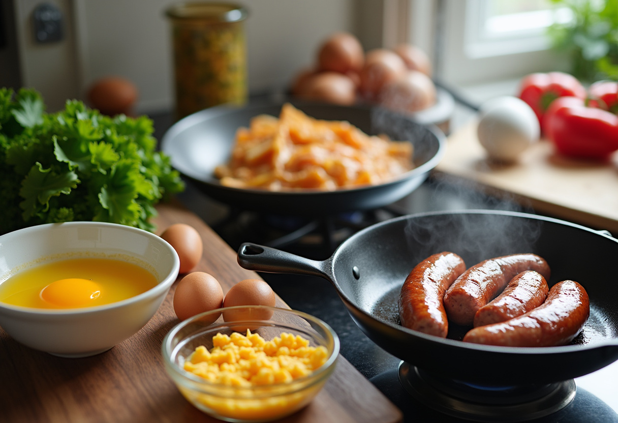 Ingredients for easy sausage and egg casserole, showcasing sausages, eggs, and cheese on a kitchen countertop.