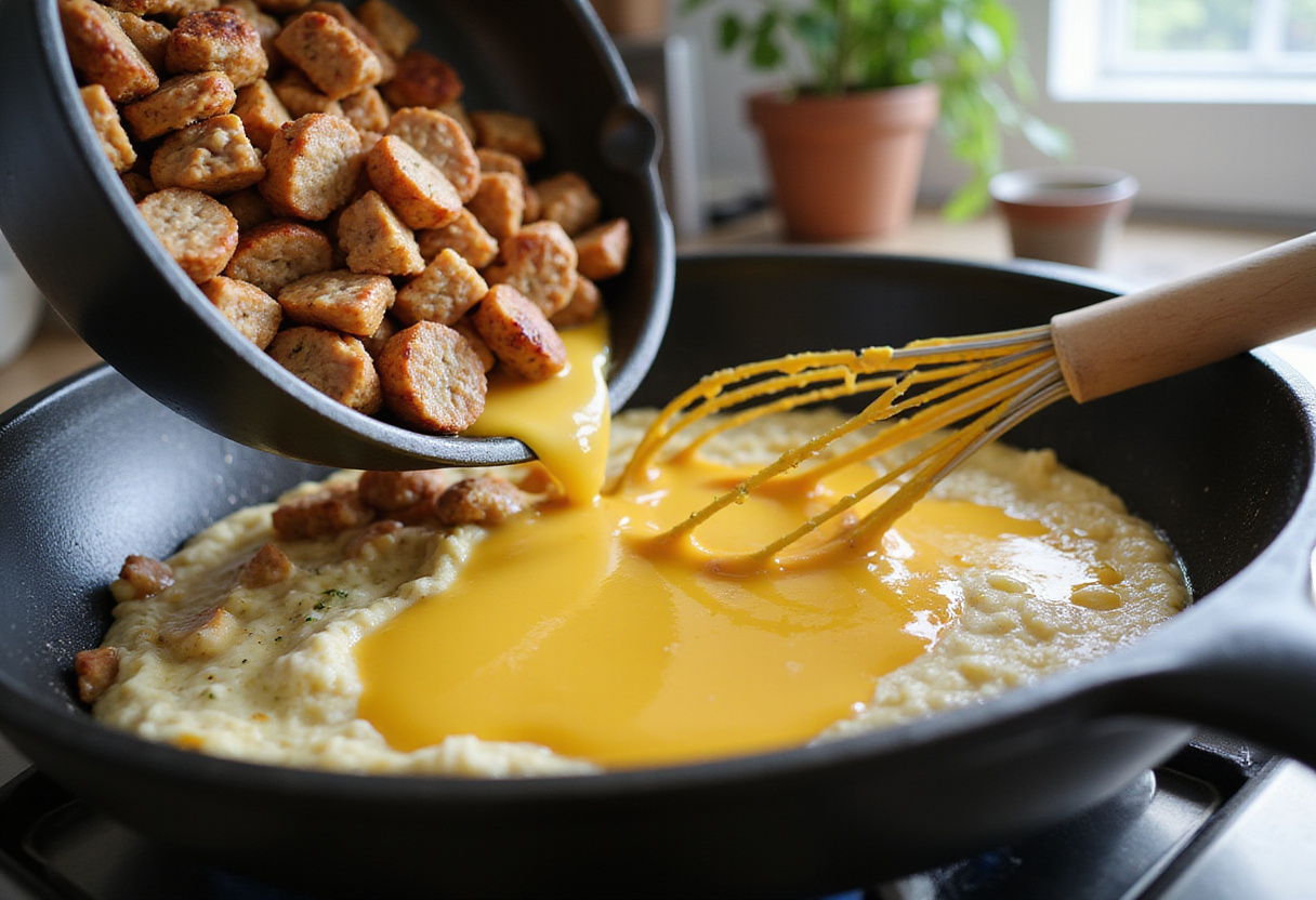 Pouring cooked sausage crumbles into a dish for sausage and egg casserole preparation in a cozy kitchen.