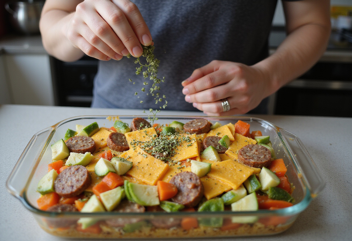 Assembling the layers of sausage, veggies, and cheese for an easy sausage and egg casserole in a well-organized kitchen.