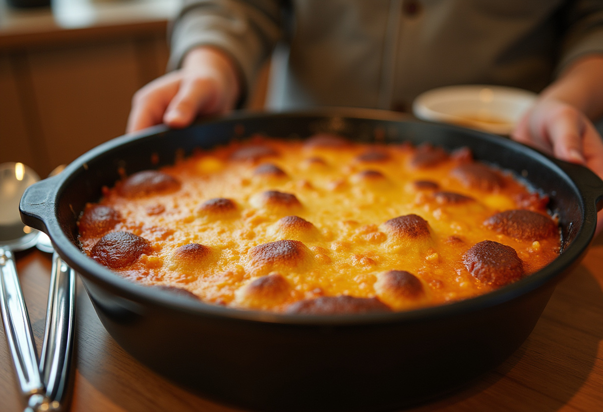 Golden brown easy sausage and egg casserole displayed on a wooden table, perfect for family meals.