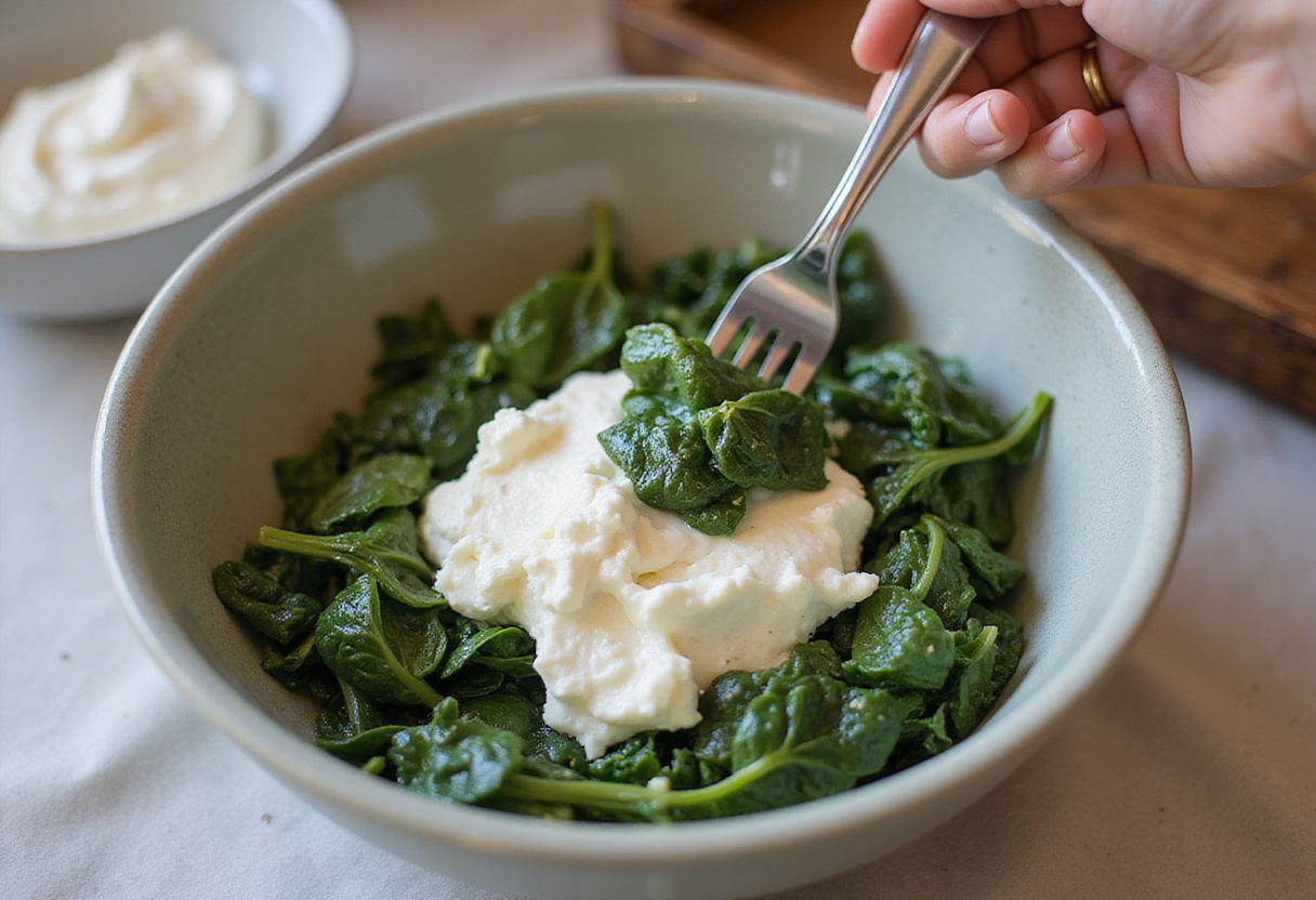Mixing together spinach and ricotta cheese for the perfect filling in Easy Spinach and Ricotta Stuffed Shells.