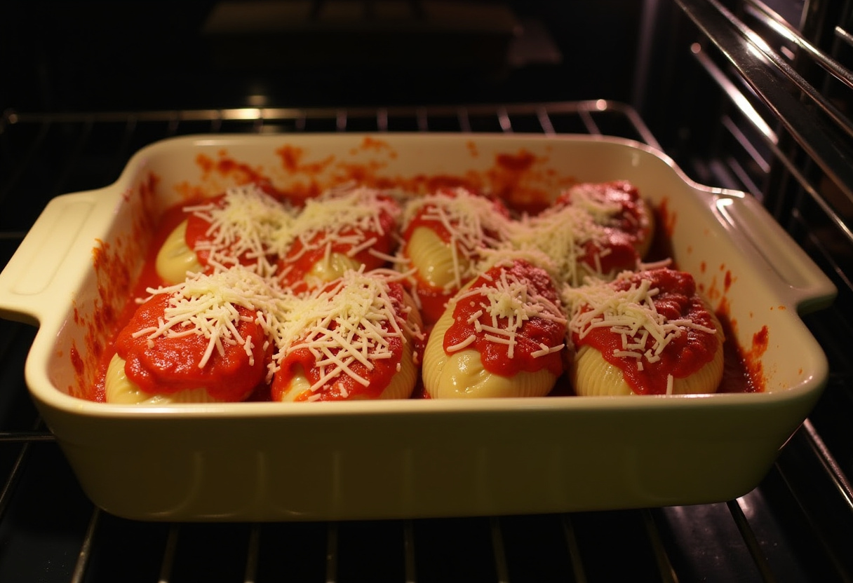 Preparing Easy Spinach and Ricotta Stuffed Shells for baking in a delicious marinara sauce with cheese on top.