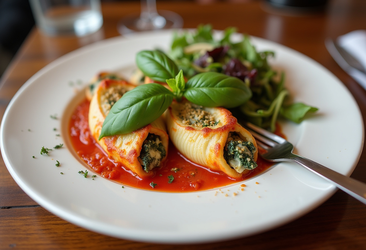 Deliciously baked spinach and ricotta stuffed shells, showcasing a healthy veggie dinner, garnished for presentation.