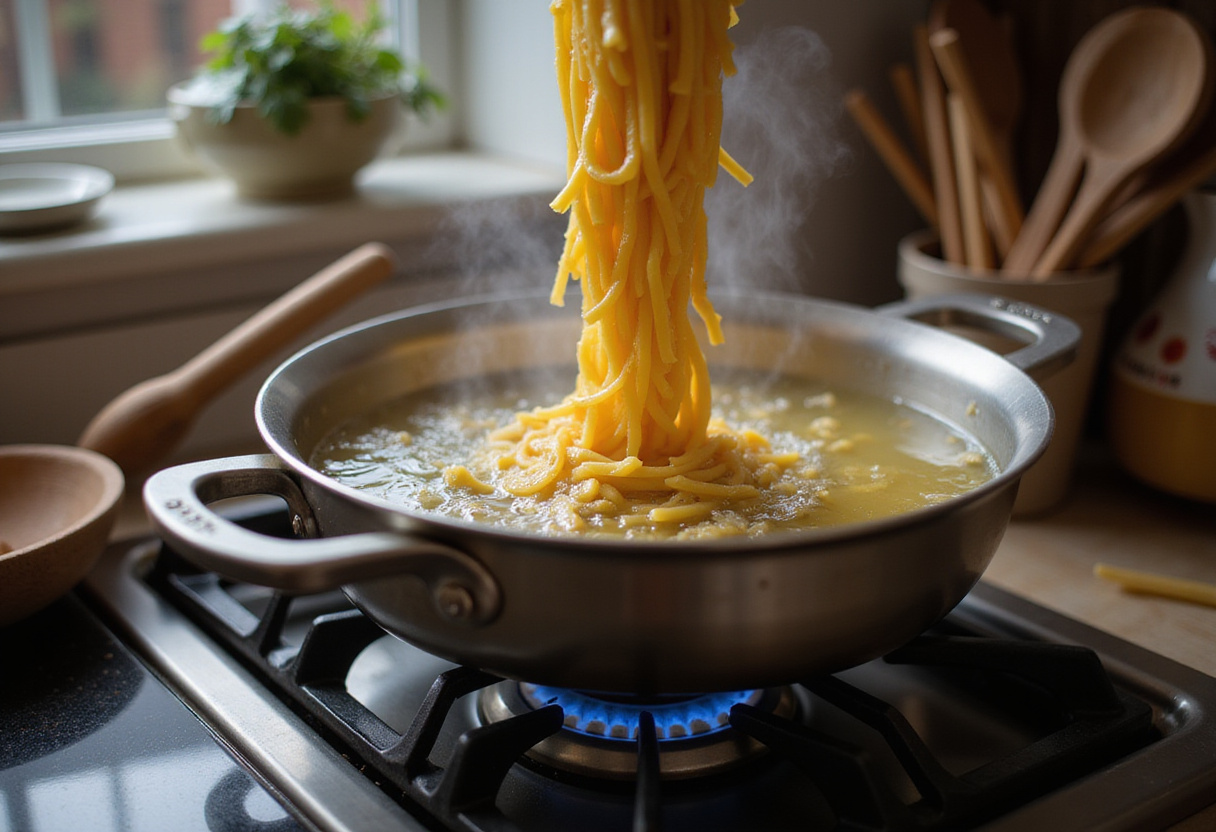 Boiling water with pasta being added for Easy Stovetop Creamy Ground Beef Pasta, a delicious one-pan dinner recipe.