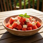 Final presentation of Easy Watermelon Feta Salad, a perfect summer dish featuring watermelon and feta in a vibrant outdoor setting.